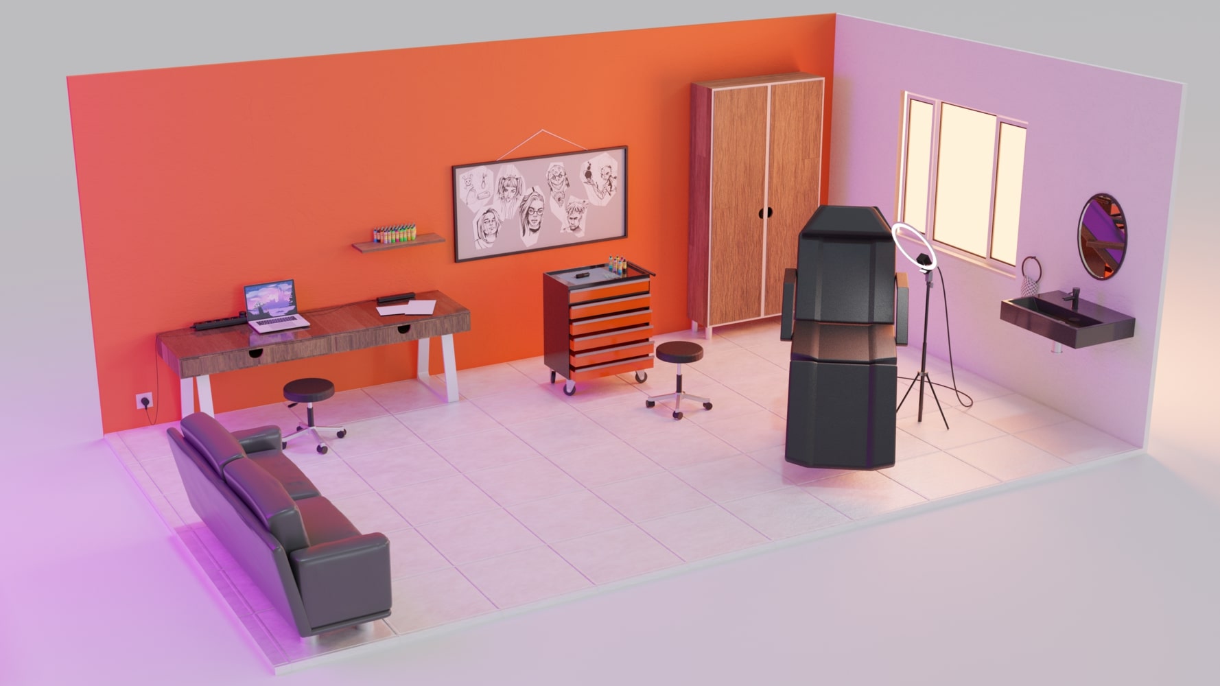 Rendu 3D d'un studio de tatouage aux murs orange